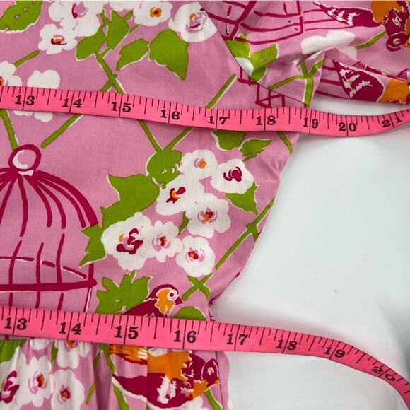 SPARTINA 449 Pink & Green Bird Wilson Maisie Ruffle Tiered Notch Neck Dress Sz M - Picture 6 of 8